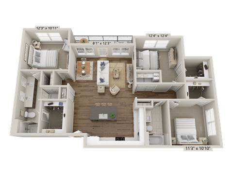Floor plan for 3 beds, 2 baths, 1358 sqft